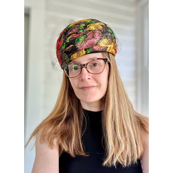 60s Metallic Hat Floral Gold Red Yellow Black Vintage